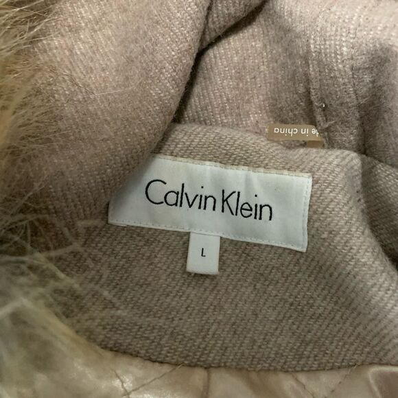 Calvin‎ Klein Beige Wool Blend Full Zip Womens Coat Size Large Jacket Fur Hood - Picture 5 of 8